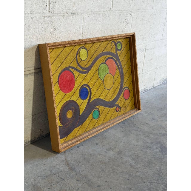 This striking canvas painting features an expressive abstract composition with vibrant yellow tones and bold shapes....