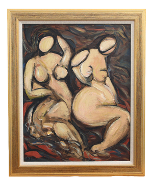 German School Artist, Feminine Forms: Harmony in Curves, 1980s, Oil on Board, Framed