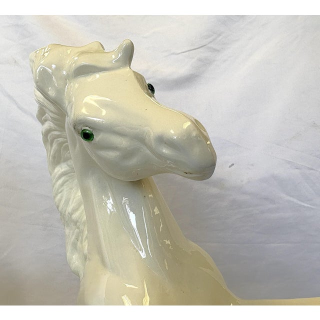 Mid Century Vintage Cast Ceramic Rearing White Mustangs With Glass Eyes- A Pair For Sale - Image 13 of 18