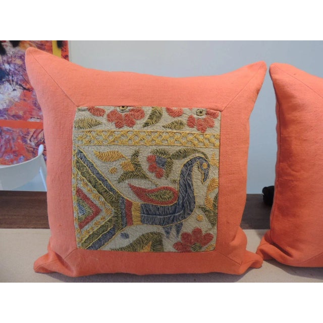 Vintage Bright Orange Indian Suzani Square Decorative Pillows - Set of 2 For Sale - Image 4 of 6