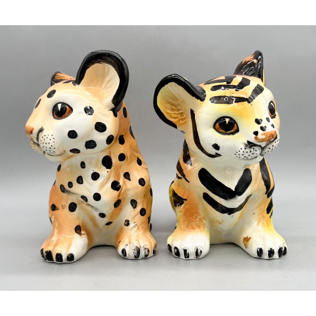 Mid-Century Modern Vintage Shafford Japan Ceramic Leopard & Tiger Cub Figurines — Hand-Painted Pair — Hollywood Regency / Whimsical For Sale - Image 3 of 11