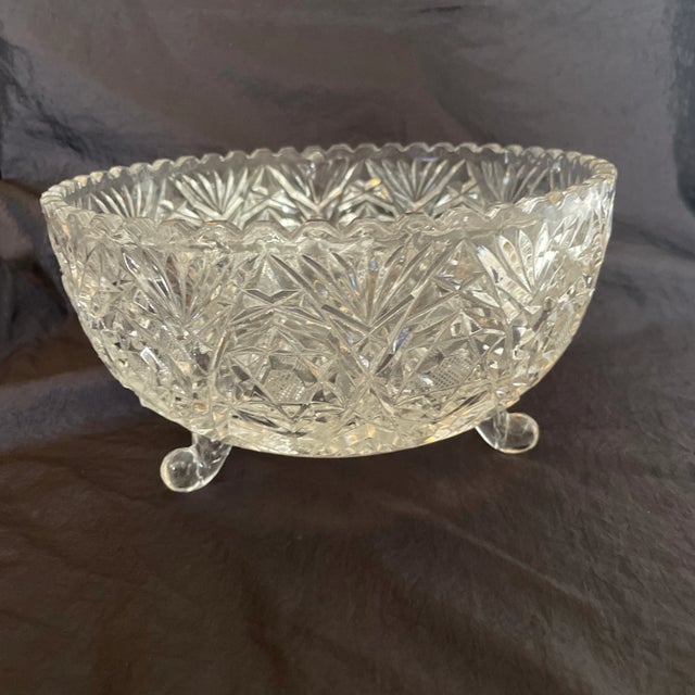 American Brilliant Cut Crystal Glass Footed Centerpiece Bowl with scalloped edge and six point star detailed design.