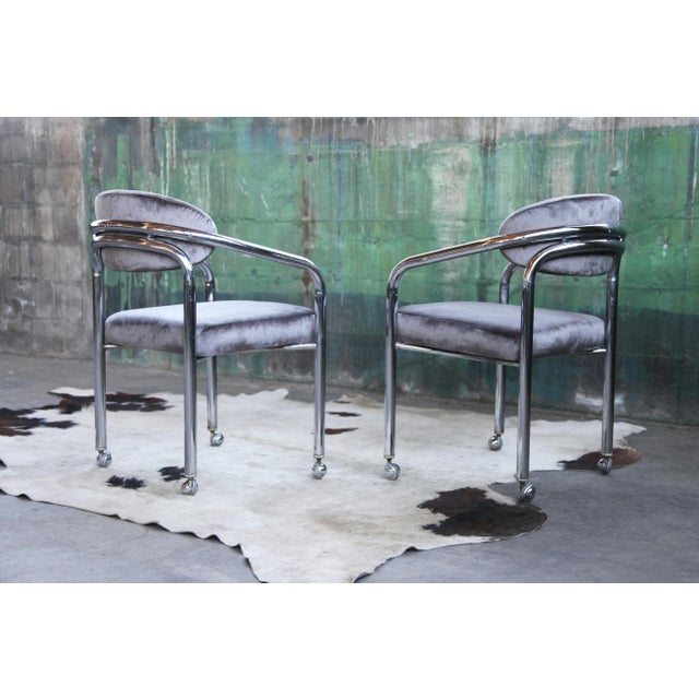 Metal 1970s Postmodern Chrome Armchair in the Manner of John Mascheroni Grey Velvet, Casters For Sale - Image 7 of 17