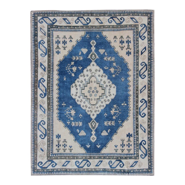Royal Blue, White and Taupe Vintage Hand Knotted Turkish Rug With Geometric Medallion For Sale