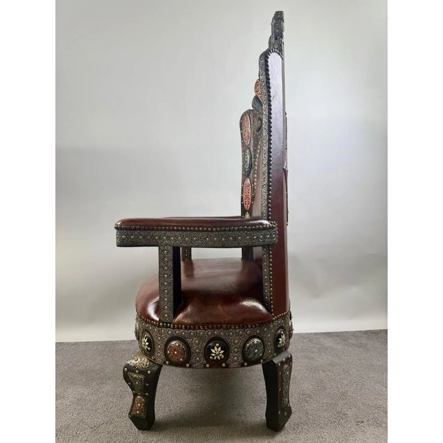 Portuguese Colonial Style Leather & Filigree Design Throne Chair For Sale - Image 4 of 12