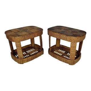 Vintage Woven Pencil Reed Rattan Side Tables- a Pair For Sale
