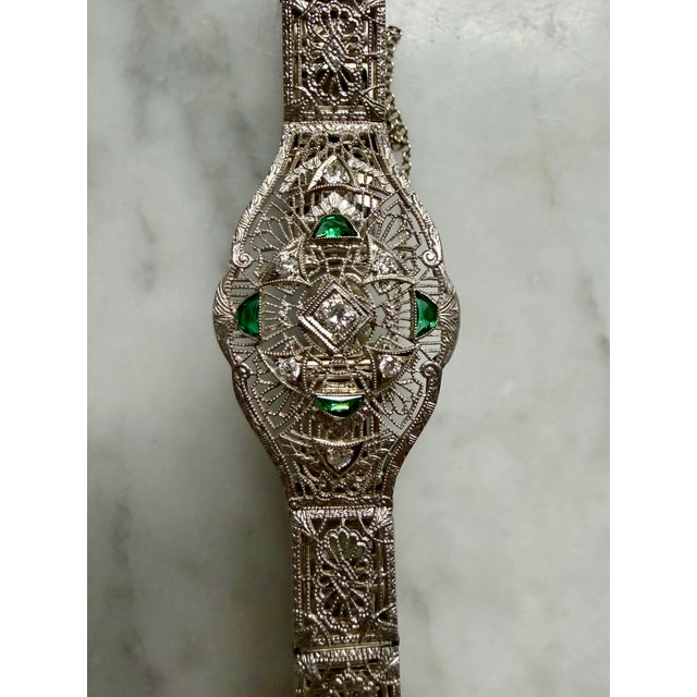 1920s Art Deco Platinum & 14k Gold Estate Emerald & Diamond Bracelet For Sale In Los Angeles - Image 6 of 18