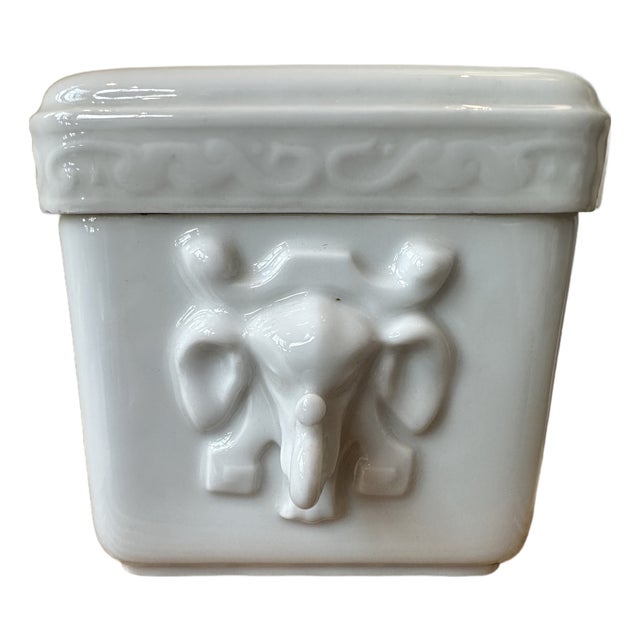 Vintage Porcelain Box With Two Stylized Elephant Head Handles For Sale