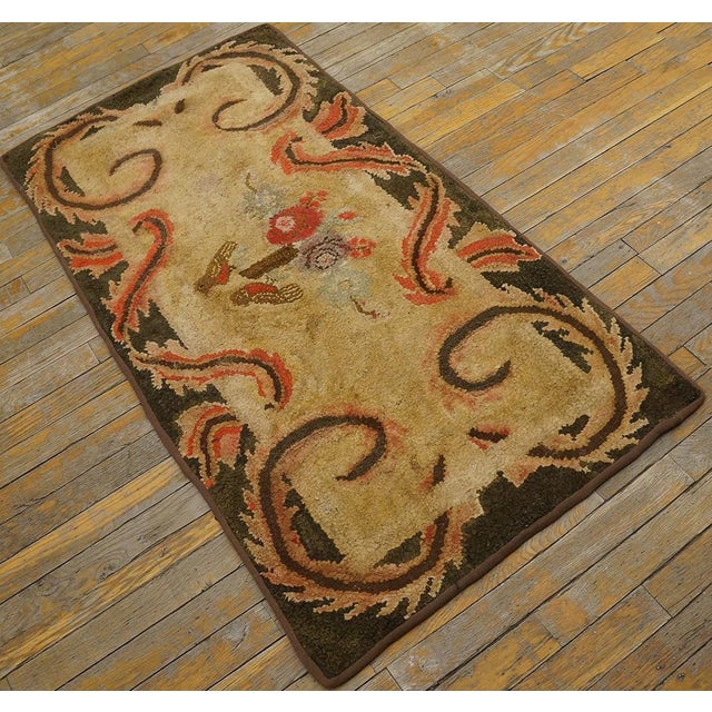 1900s Ivory Medallion Folk Art Antique American Hooked Rug 2' 3" X 4' 5" Handknotted Wool Carpet For Sale - Image 4 of 6