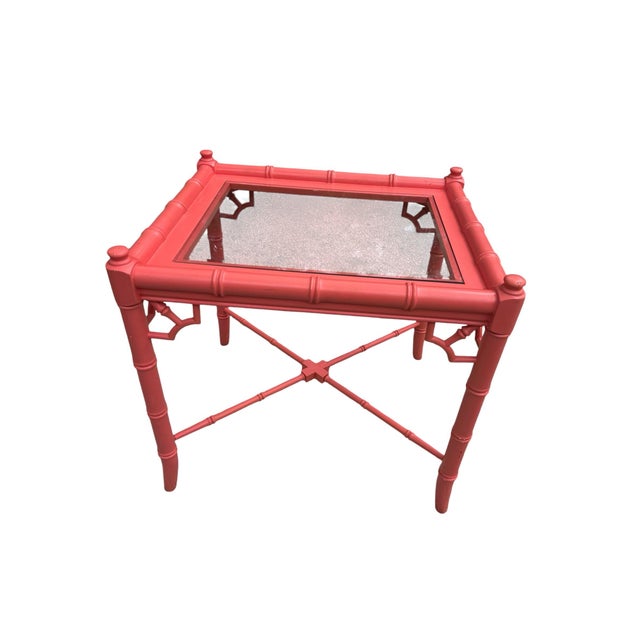 Vintage Chinoiserie Faux Bamboo Thomasville Table Palm Beach Style Beveled Glass Beautiful For Sale - Image 11 of 11