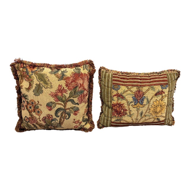 Vintage Aubusson Style Floral Tapestry Throw Pillows With Fringe Trim - Pair For Sale