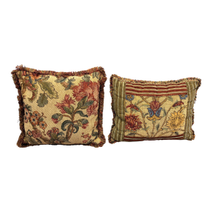 Vintage Aubusson Style Floral Tapestry Throw Pillows With Fringe Trim - Pair
