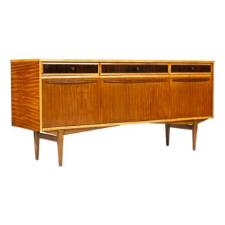 1960s Danish Modern Mid Century Mahogany Credenza Sideboard by Elliot’s of Newbury — Sculpted Lapel Pulls, Attributed For Sale