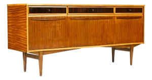 1960s Danish Modern Mid Century Mahogany Credenza Sideboard by Elliot’s of Newbury — Sculpted Lapel Pulls, Attributed