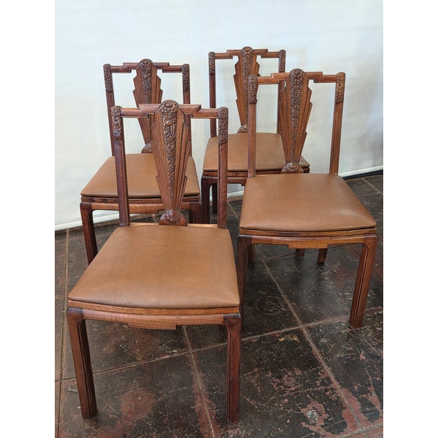 1930s French Art Deco Walnut Carved Asian Floral Motifs Set 4 Unusual For Sale - Image 9 of 11