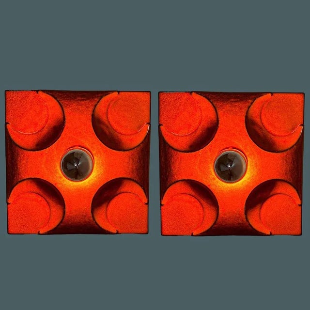German Orange Square Ceramic Wall Lights, 1970, Set of 2 For Sale - Image 9 of 11