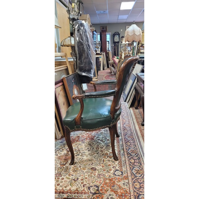 1910s Antique French Green Leather Arm Chair For Sale - Image 5 of 13