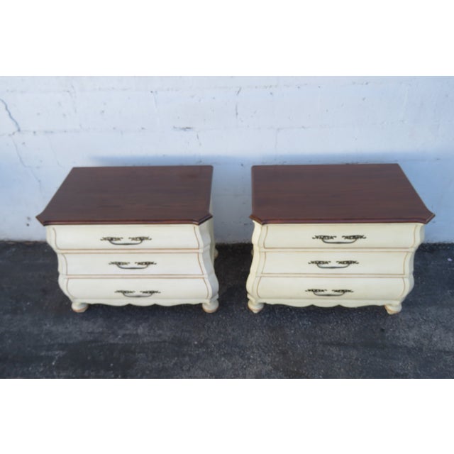 Shabby Chic French Carved Large Bombay Painted 2 Tone Nightstands Bedside Tables a Pair 5822 For Sale - Image 3 of 12