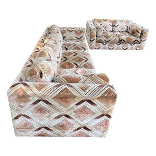 Pair of Milo Baughman Tuxedo Sofas in Chevron Pattern For Sale