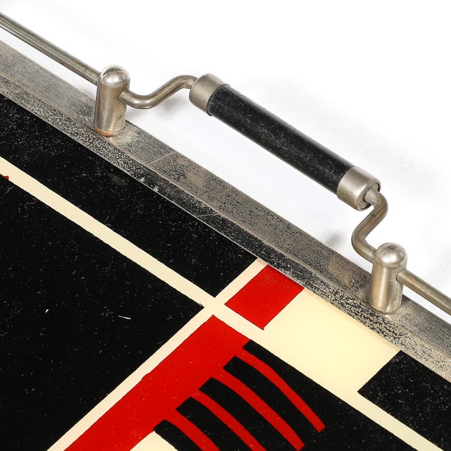 Metal Documented Art Deco Spiral Cubist Eglomise White, Cream & Black Detailed Tray For Sale - Image 7 of 10