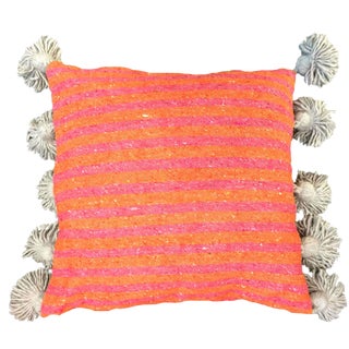 Coral & Blush Pompom Pillow Cover For Sale