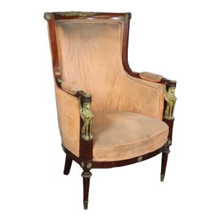 French Empire Egyptian Revival Solid Mahogany Bergere Chair With Bronze Sphinxs For Sale