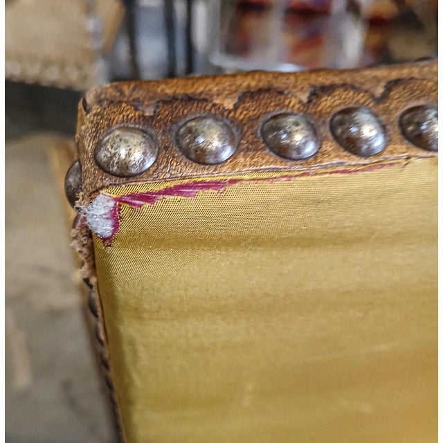 Pair of Louis XIV Armchairs in Tooled Leather and Gilt Wood, Late 18th C. For Sale - Image 9 of 18