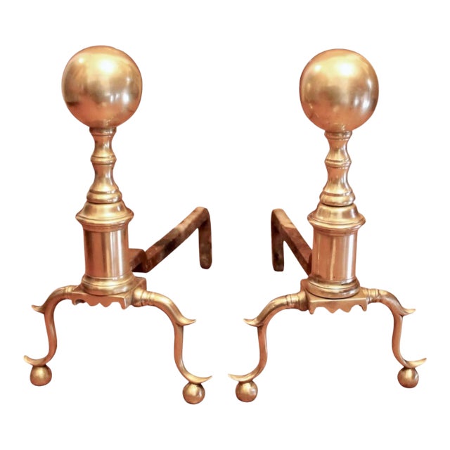 Pair of Antique American Cannon Ball Top Brass Andirons For Sale