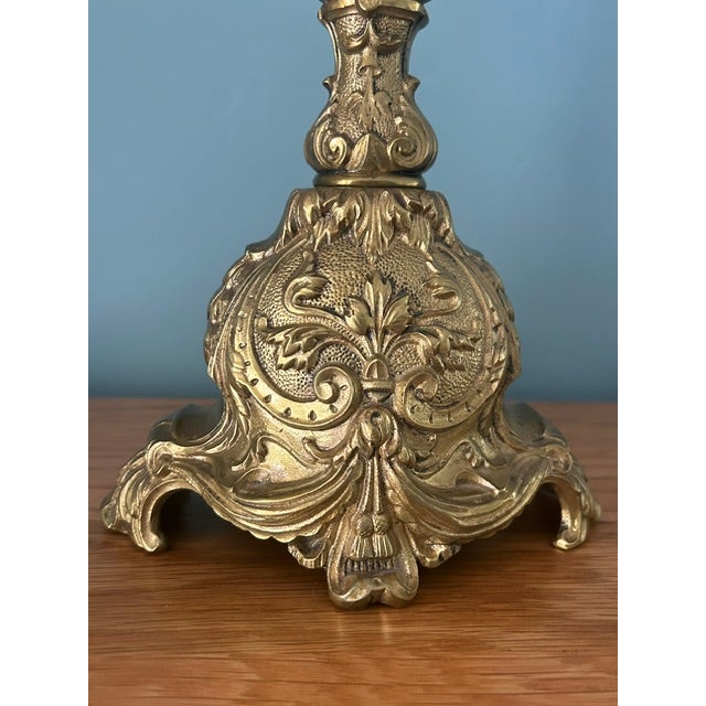 Brass Antique French Rococo Style Solid Brass 3-Light Candelabras - A Pair For Sale - Image 8 of 14
