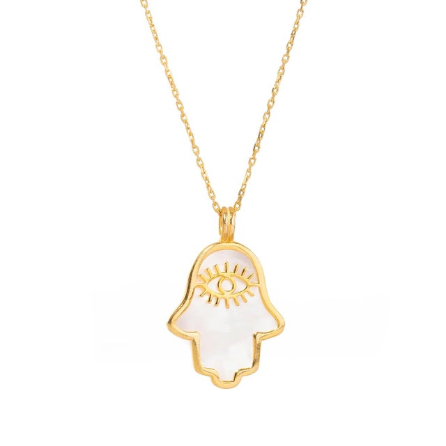 Metal Pearl Divine Hamsa & Evil Eye Pendant Gold Vermeil Chain Necklace For Sale - Image 7 of 10