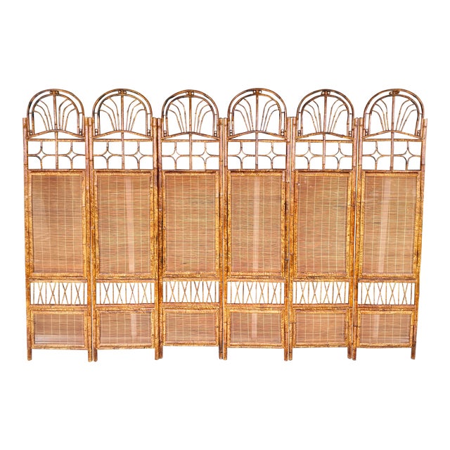 British Colonial Style Burnt Bamboo 6 Panels Room Divider For Sale