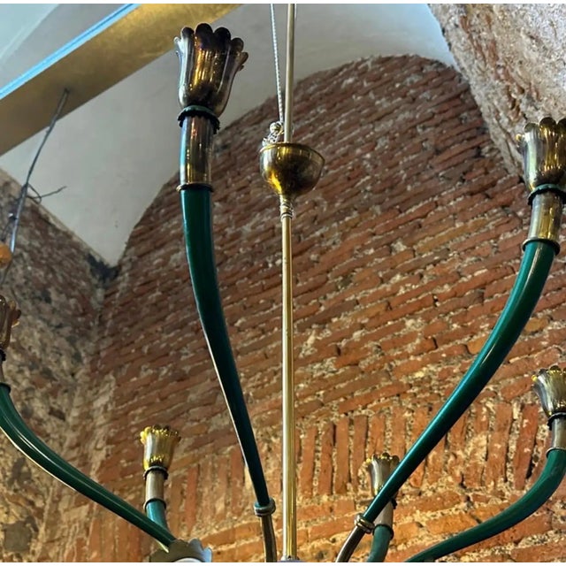 1950s 1960s Mid-Century Modern Green Painted Metal and Brass Italian Chandelier For Sale - Image 5 of 9