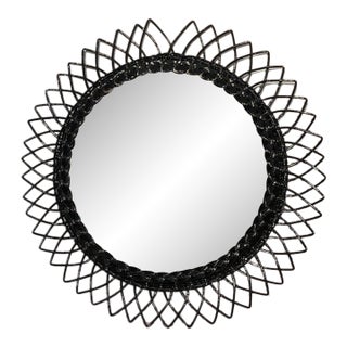 Vintage Round Wicker Sunburst Wall Mirror For Sale