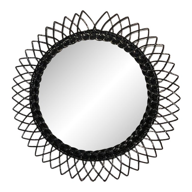 Vintage Round Wicker Sunburst Wall Mirror For Sale