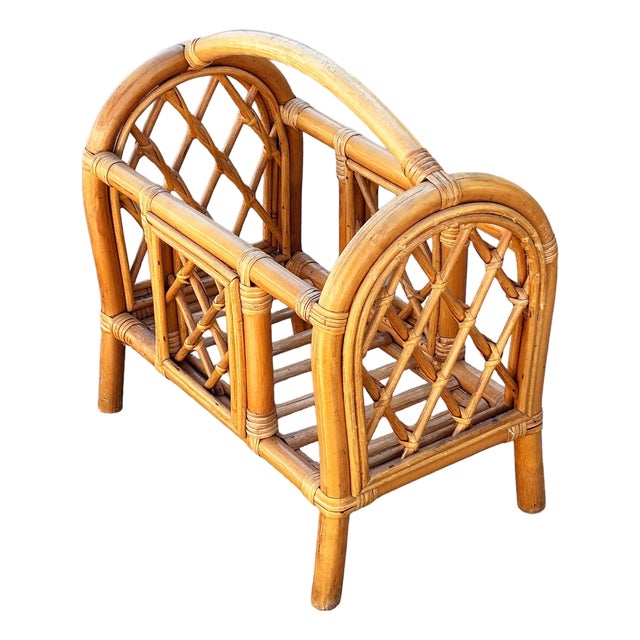 Restored Mid 20th Century Rattan "Triumphal Arch" Magazine Rack With Handle For Sale