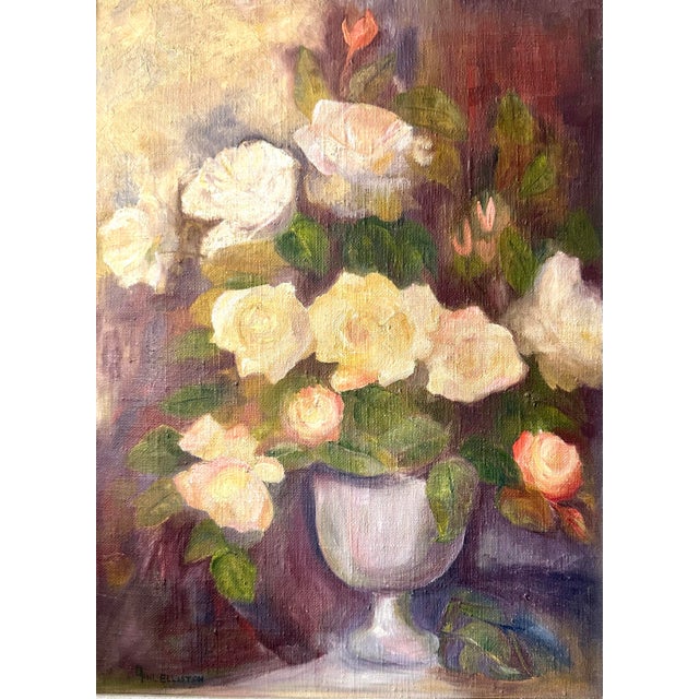 Wood Mid-Century Floral Oil Painting of Roses | Ornate Whitewashed & Gilt Frame | Romantic Cottagecore Still LifeRoses For Sale - Image 7 of 10