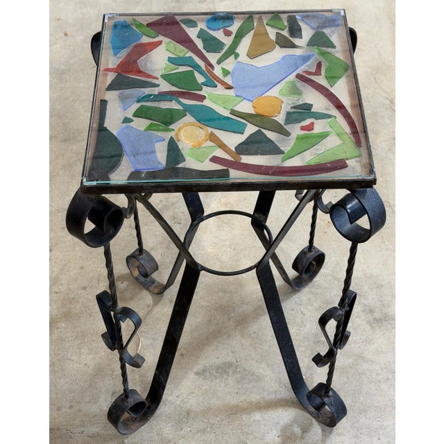 Italian Mid-Century Wrought Iron Mosaic Glass Side Table, 1960s For Sale - Image 4 of 9