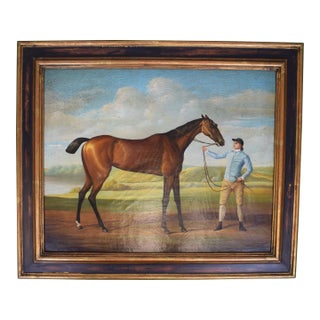 Blue Silks Jockey W/ Racehorse in Landscape Oil on Canvas For Sale