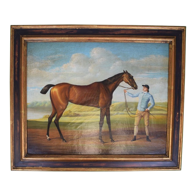 Blue Silks Jockey W/ Racehorse in Landscape Oil on Canvas For Sale