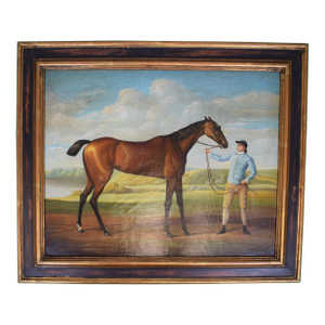 Blue Silks Jockey W/ Racehorse in Landscape Oil on Canvas
