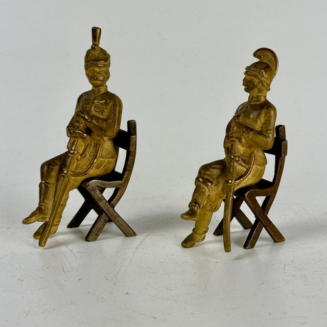 Metal Miniature Early 20th Century Pair of Brass Military Soldiers Sitting on Chairs With Swords in Hand For Sale - Image 7 of 10