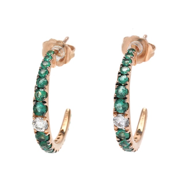 Modern LeVian 1.20ctw Emerald & Diamond Hoop Earrings, 14k Yellow Gold, Length .75 In., Pair For Sale - Image 3 of 5