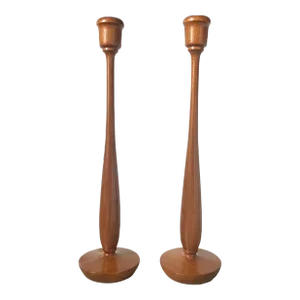 Mid-Century 1967 Handmade Extra Tall Wooden Candlestick Holders - Set of 2