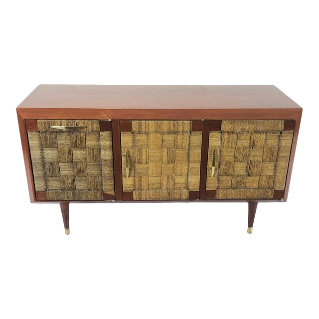 Petite Credenza in Mahogany and Woven Sea Grass Attributed to Edmond Spence For Sale