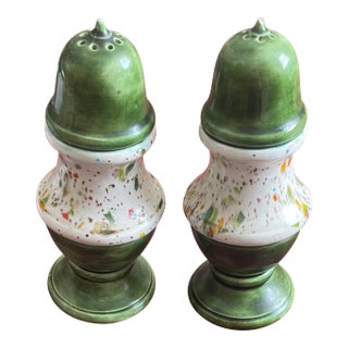 Vintage Green Multicolored Glaze Ceramic Salt & Pepper Shakers- a Pair For Sale