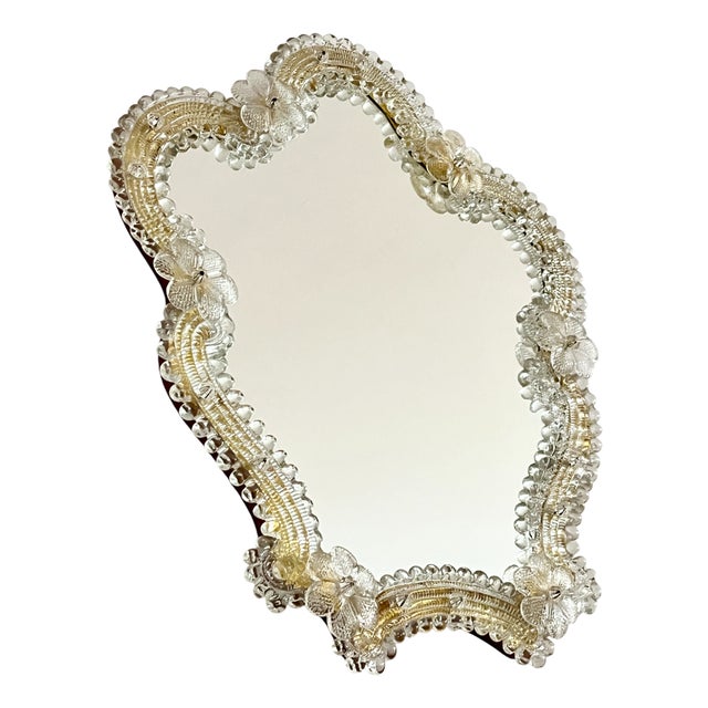 Vintage Hollywood Regency Floral Murano Glass Wall Mirror, Italy, 1970s For Sale
