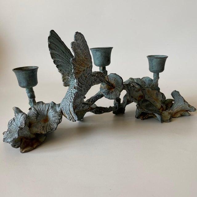 Vintage Spi Triple Candelabra: Pewter, Verde-Patina, Morning Glory Hummingbird For Sale - Image 16 of 18