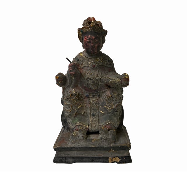 Wood Vintage Chinese Wooden Carved Home Guardian Deity Figure For Sale - Image 7 of 7