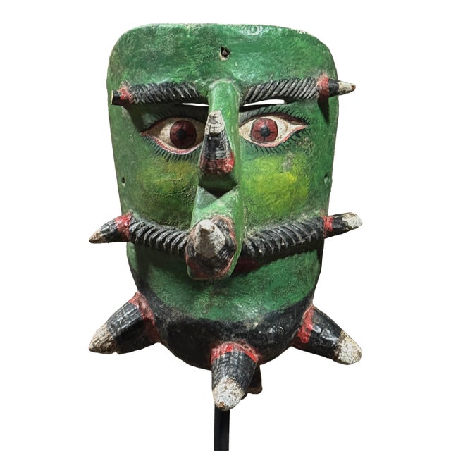 Antique Folk Art Polychrome Caiman Guerrero Green Horned Bearded Man Mask For Sale