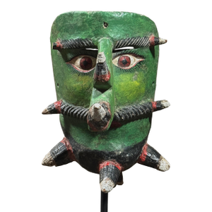 Antique Folk Art Polychrome Caiman Guerrero Green Horned Bearded Man Mask